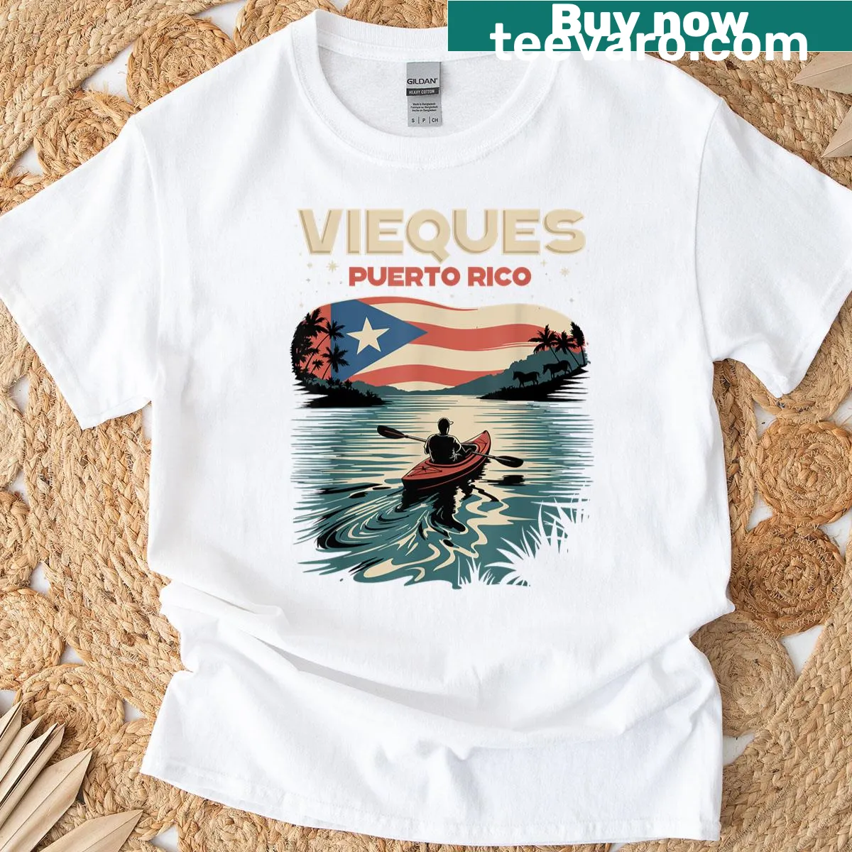 Souvenir T-shirt featuring the Puerto Rican flag and Vieques design — on a men's t-shirt