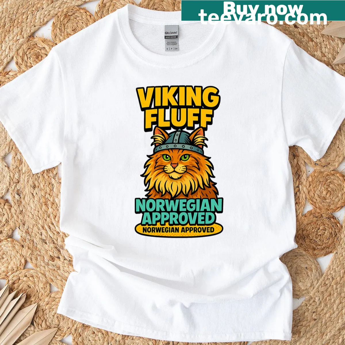 Viking-themed Norwegian Forest Cat illustration on T-shirt — on a men's t-shirt