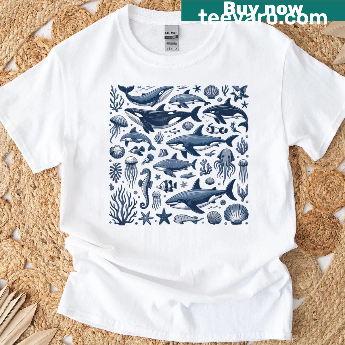 Vintage tattoo-style graphic of sea animals on a t-shirt — on a men's t-shirt