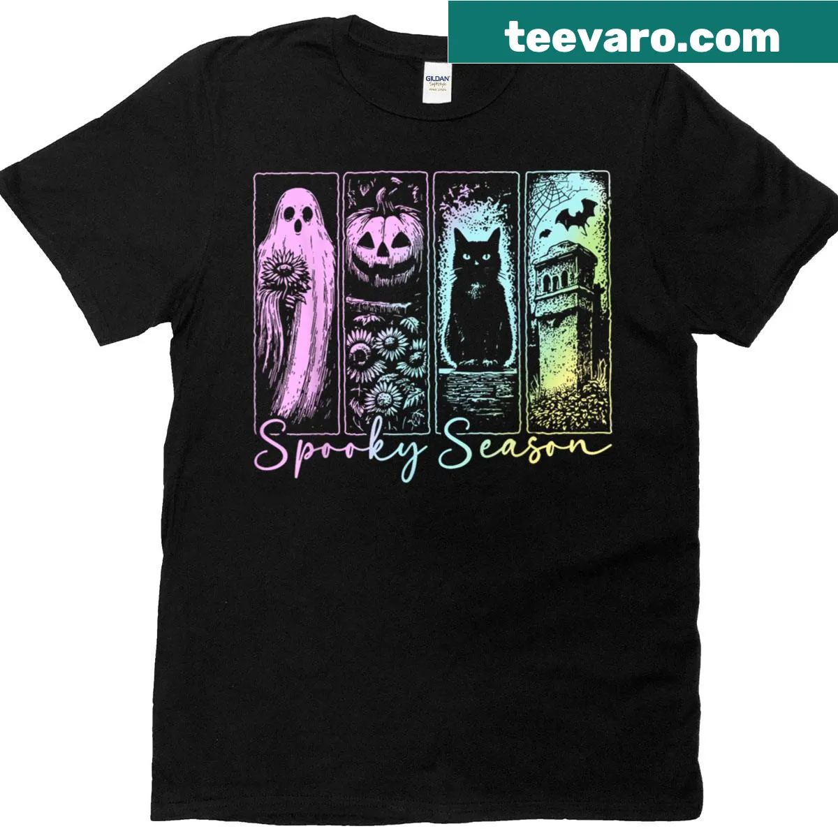Vintage distressed Halloween-themed t-shirt with spooky graphic — on a men's t-shirt