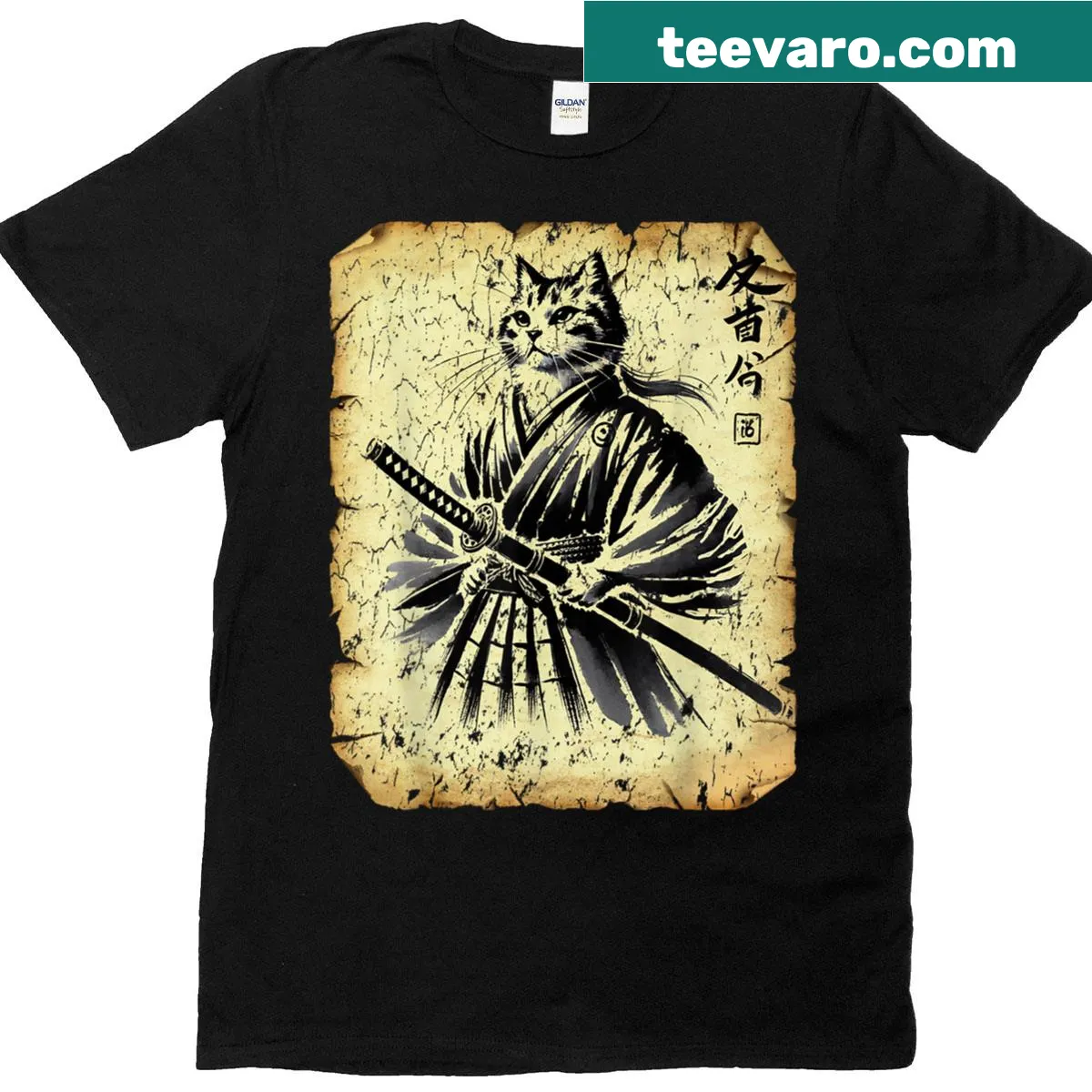 Illustrated samurai cat graphic T-shirt — on a men's t-shirt