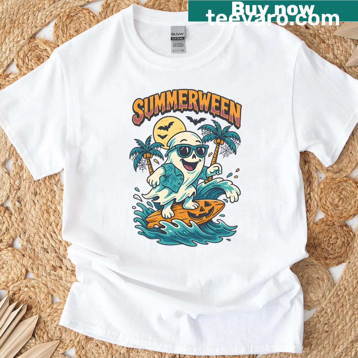Oversized t-shirt featuring a surfing ghost for Summerween — on a men's t-shirt