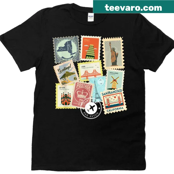 Vintage distressed travel postage stamps graphic T-shirt
