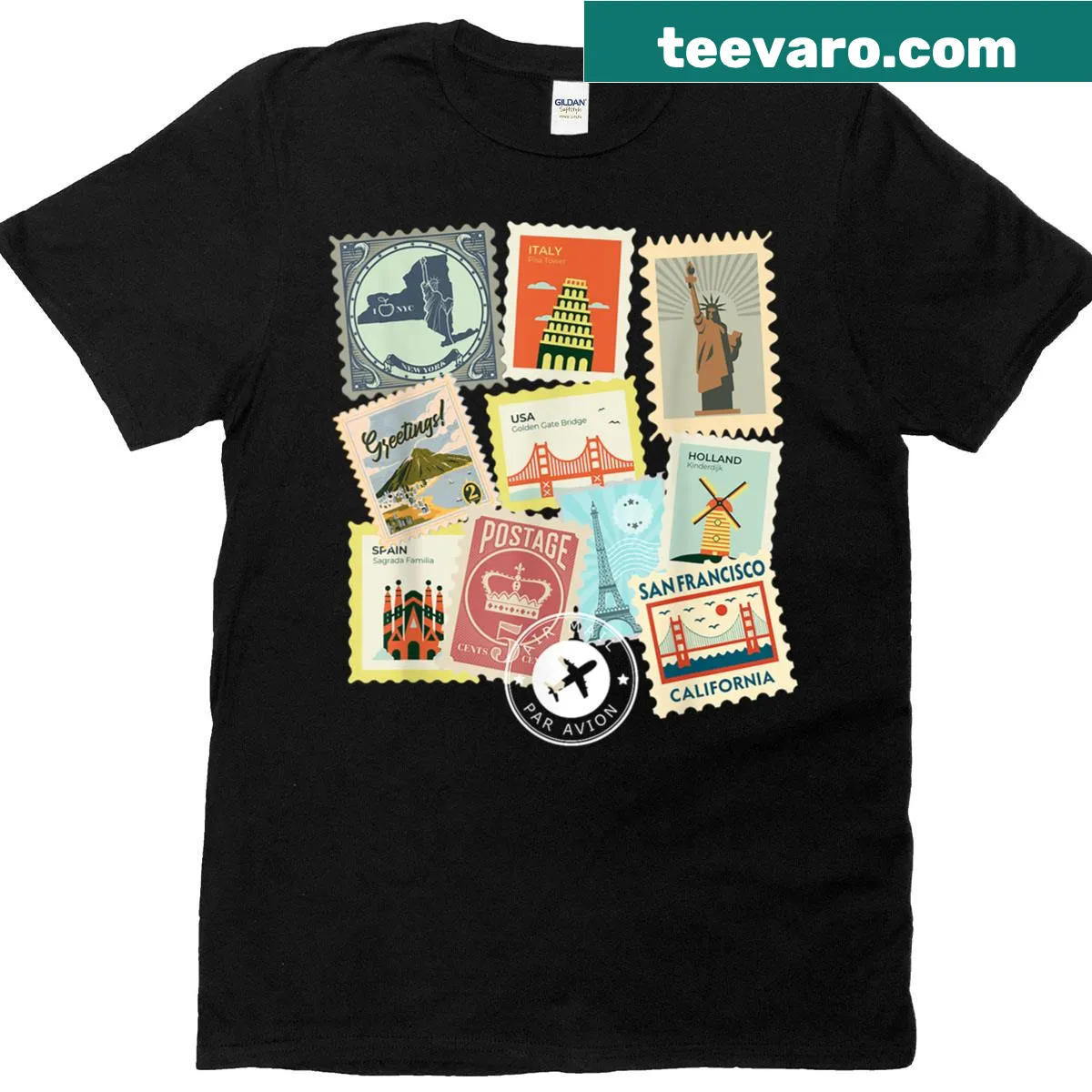 Vintage distressed travel postage stamps graphic T-shirt — on a men's t-shirt