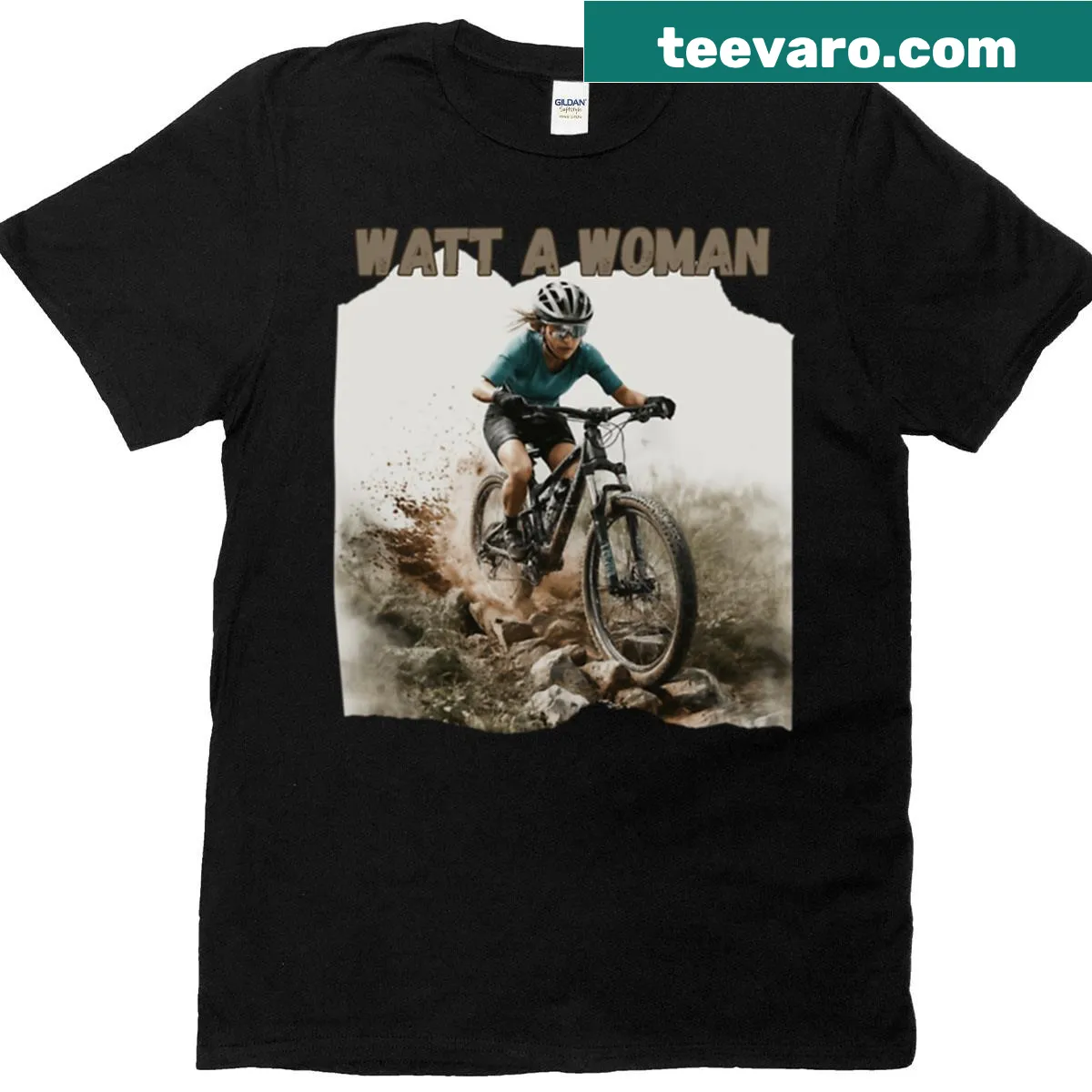 Typography T-shirt with 'Watt A Woman' text for female mountain bikers — on a men's t-shirt