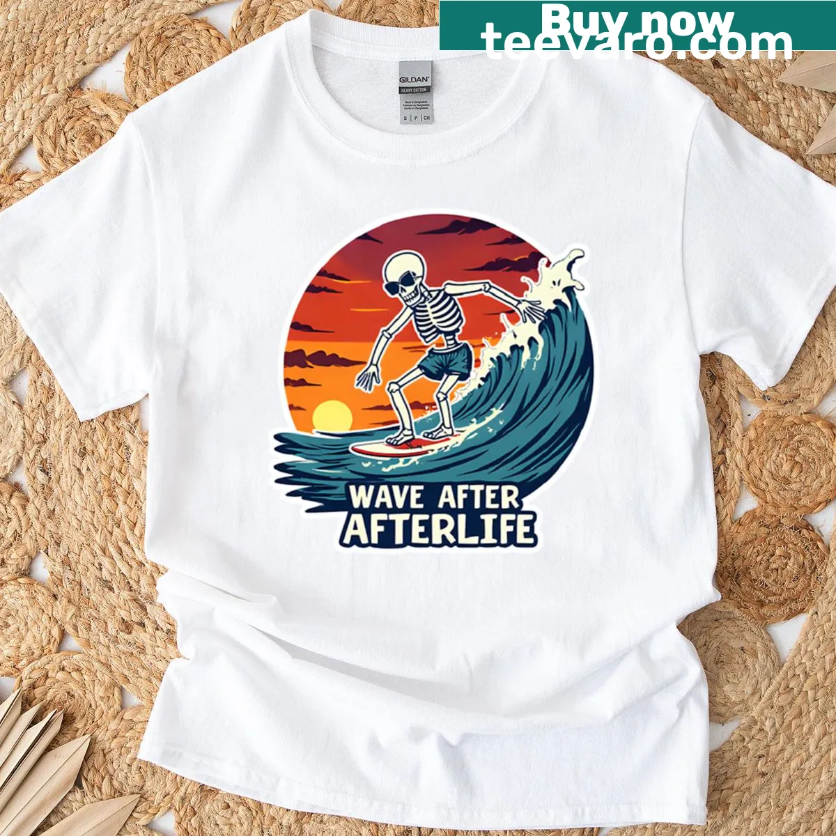 Skeleton surfer graphic on a casual t-shirt for fun vibes — on a men's t-shirt