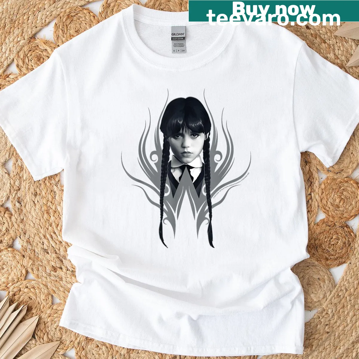 Black and white portrait of Wednesday Addams on a t-shirt — on a men's t-shirt