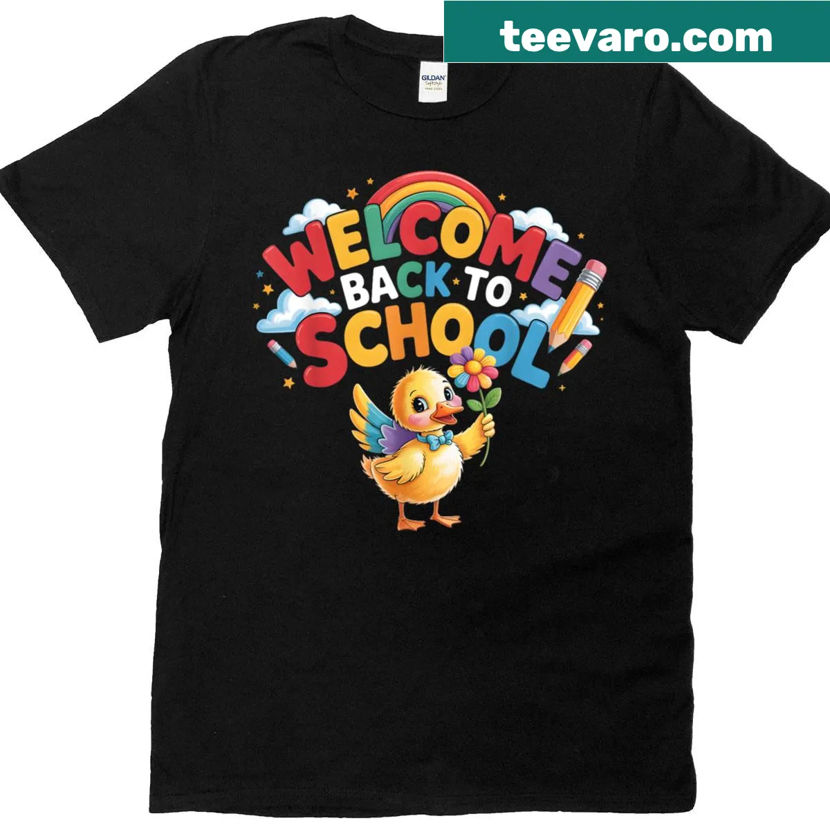 Illustration of a cheerful duck for a teacher appreciation T-shirt — on a men's t-shirt