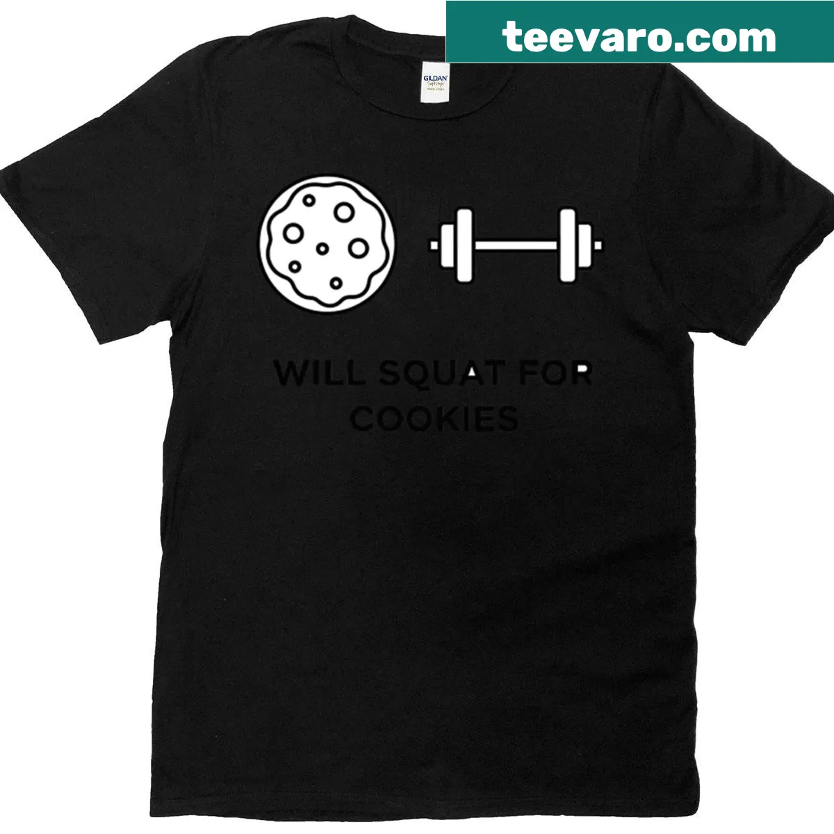 Funny T-shirt with the phrase 'Will Squat For Cookies' in playful typography — on a men's t-shirt