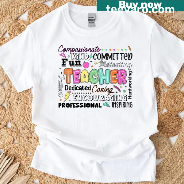 Teacher appreciation t-shirt showcasing caring message in elegant typography