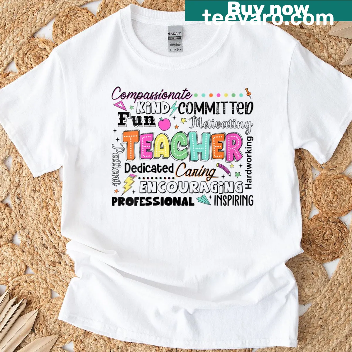 Teacher appreciation t-shirt showcasing caring message in elegant typography — on a men's t-shirt