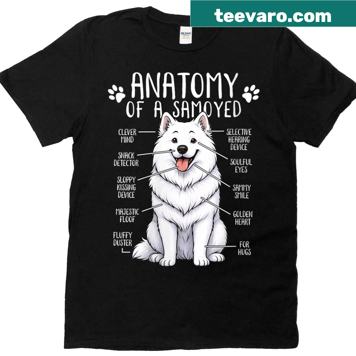 Funny Samoyed dog T-shirt with cute anatomy illustration — on a men's t-shirt