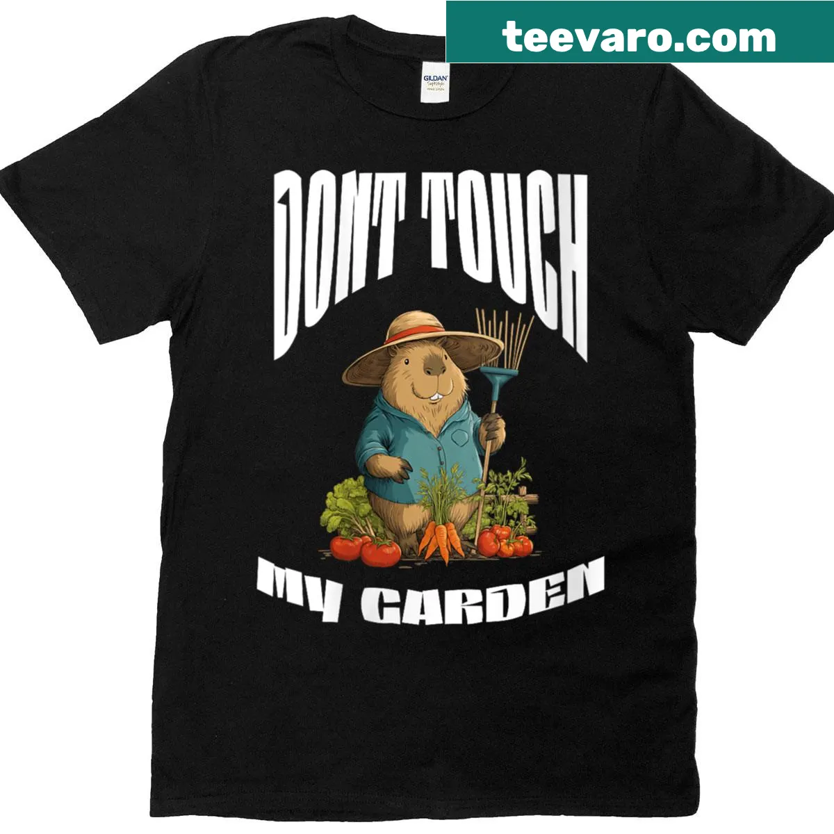 Funny gardening t-shirt featuring a capybara and garden theme — on a men's t-shirt