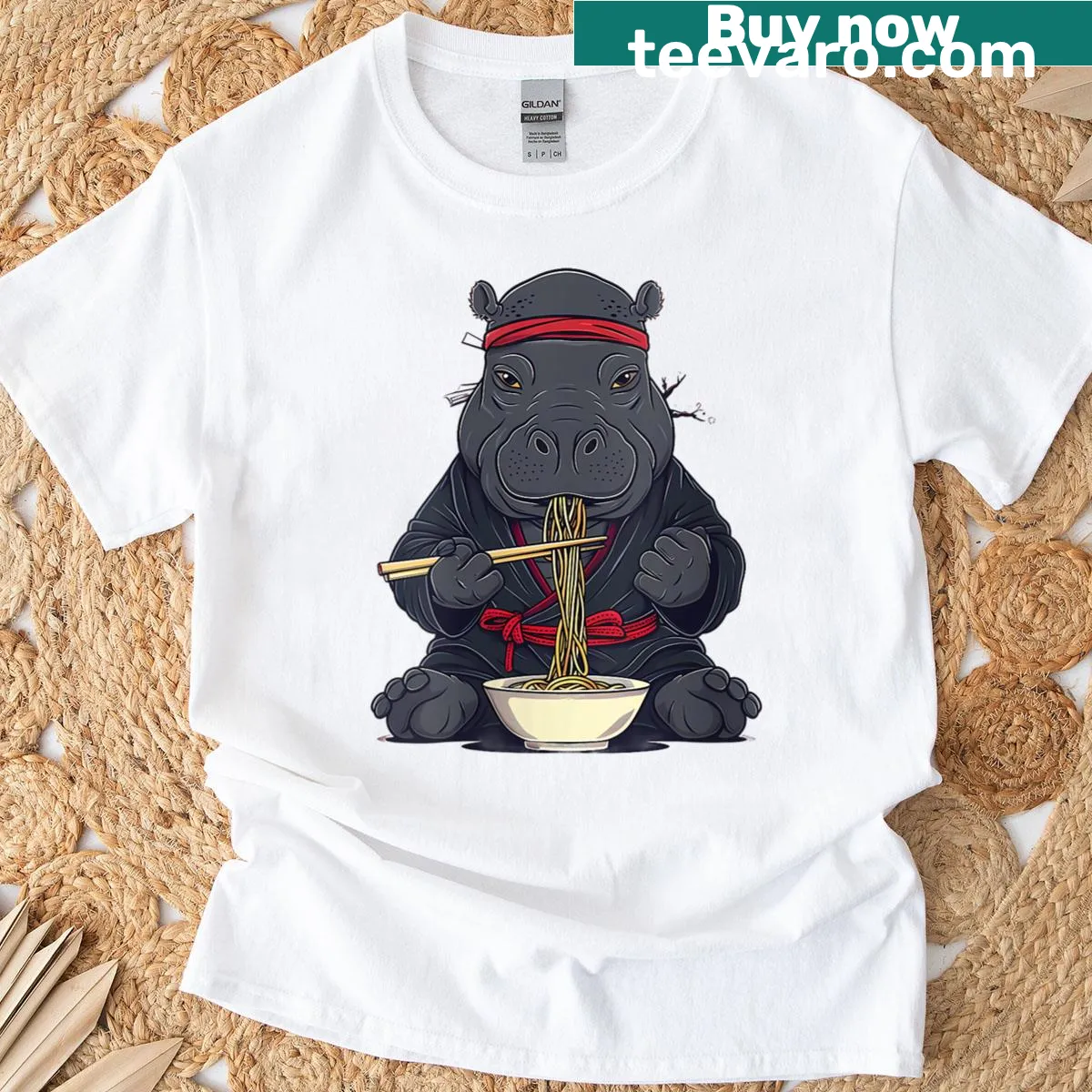 Funny t-shirt featuring a ninja hippo in a ramen bowl — on a men's t-shirt