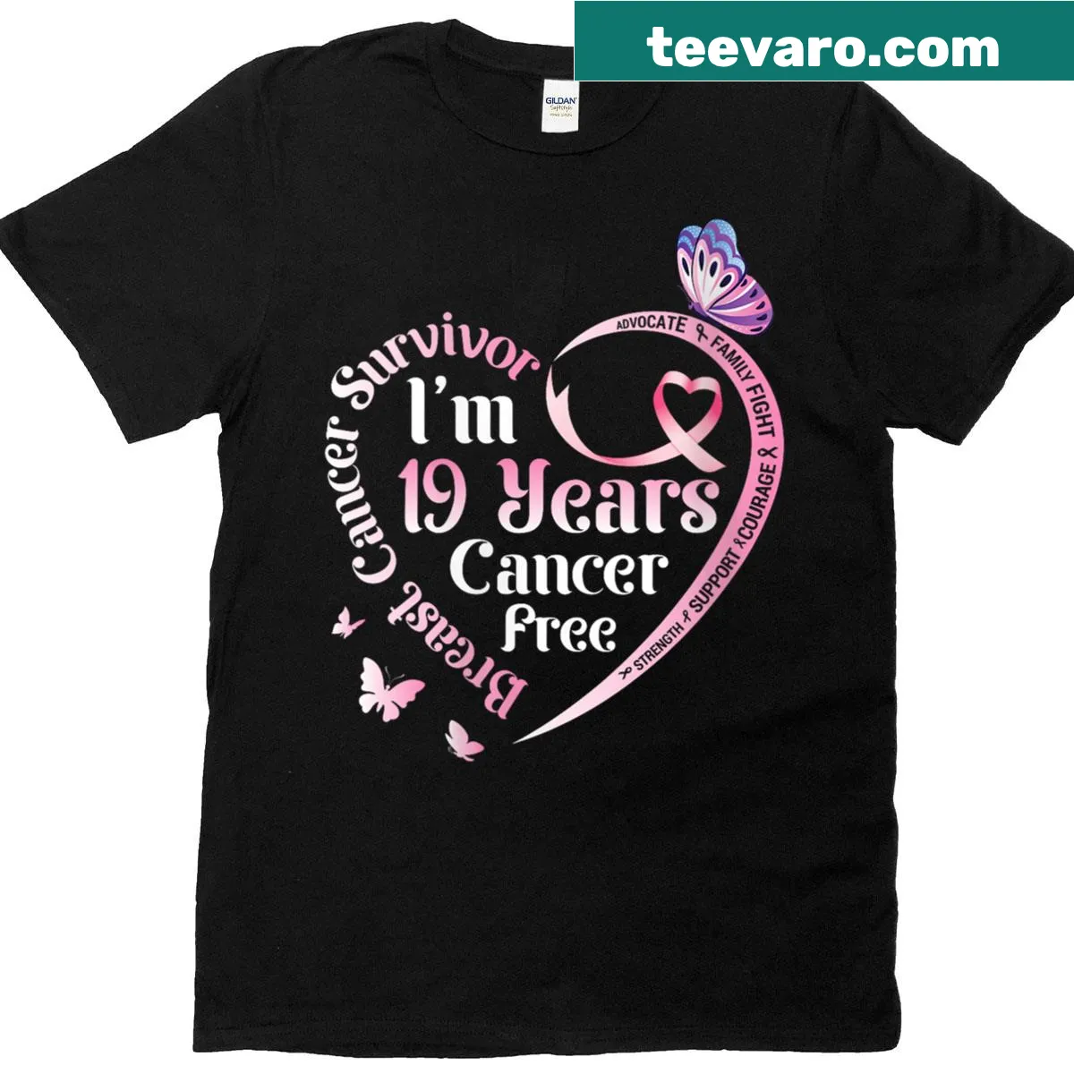 Breast cancer survivor t-shirt celebrating 19 years cancer free — on a men's t-shirt