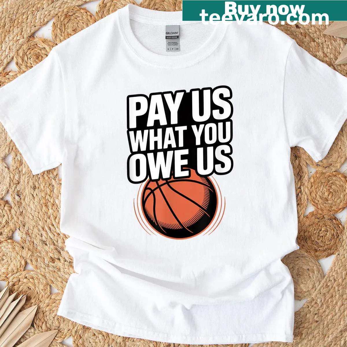Humorous basketball t-shirt for women with a playful phrase about dues — on a men's t-shirt