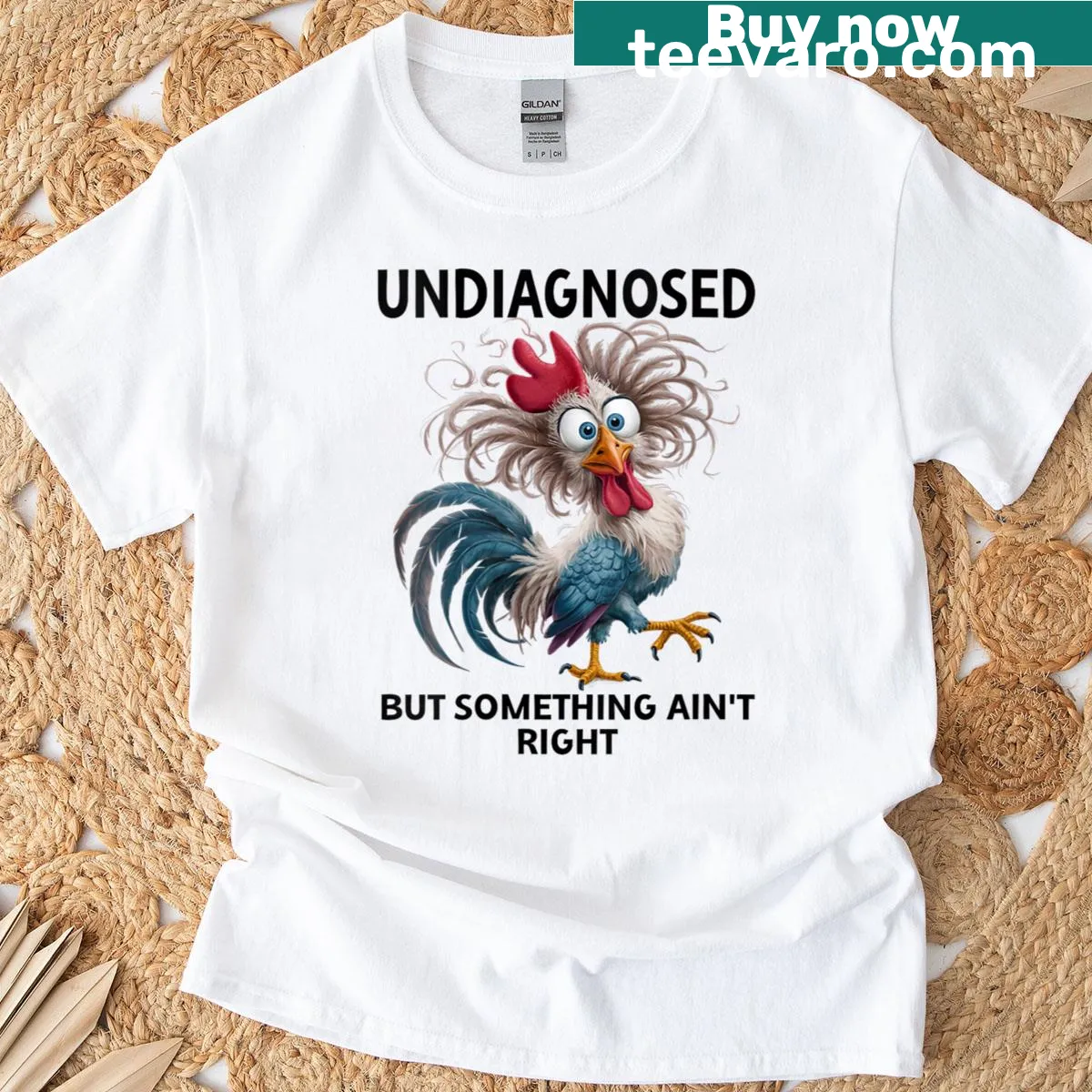 Funny women’s t-shirt with a chicken graphic and humorous text about coworkers — on a men's t-shirt