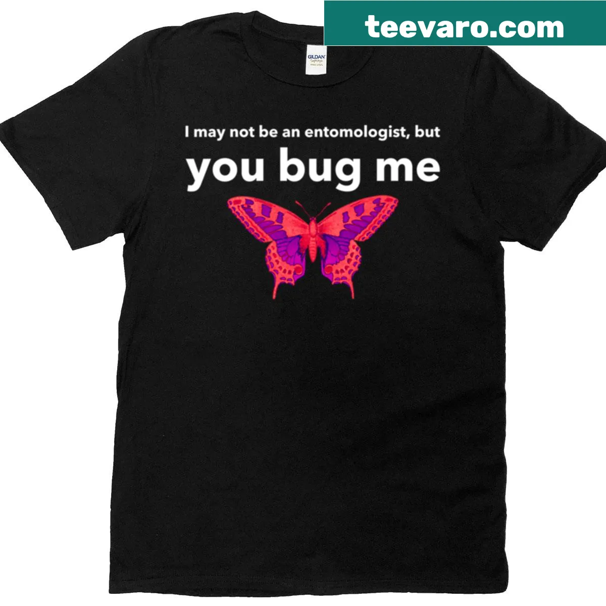 Science-themed T-shirt with humorous butterfly graphic — on a men's t-shirt