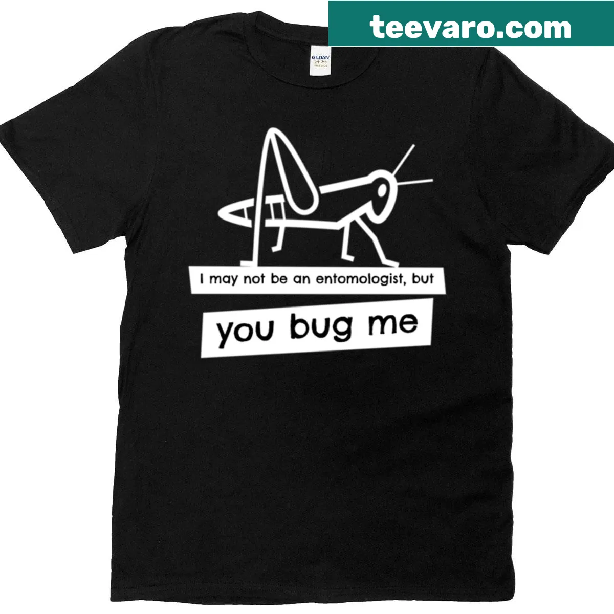 Fun science grasshopper t-shirt with humorous text — on a men's t-shirt