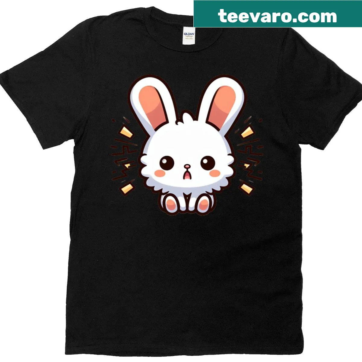 Funny cartoon bunny graphic T-shirt — on a men's t-shirt