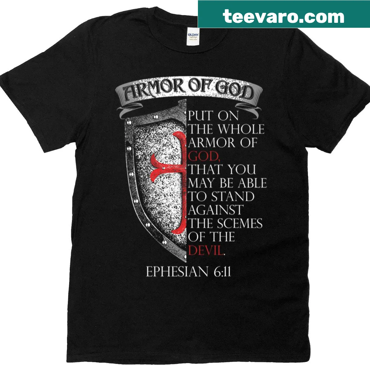 Ephesians 611 graphic t-shirt featuring 'Armor Of God' text — on a men's t-shirt