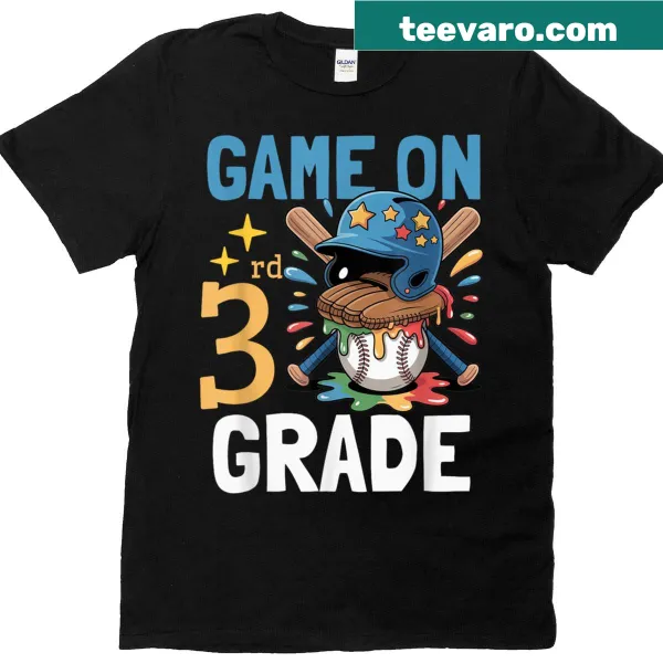 T-shirt with a baseball graphic and the text Game On for third-grade boys