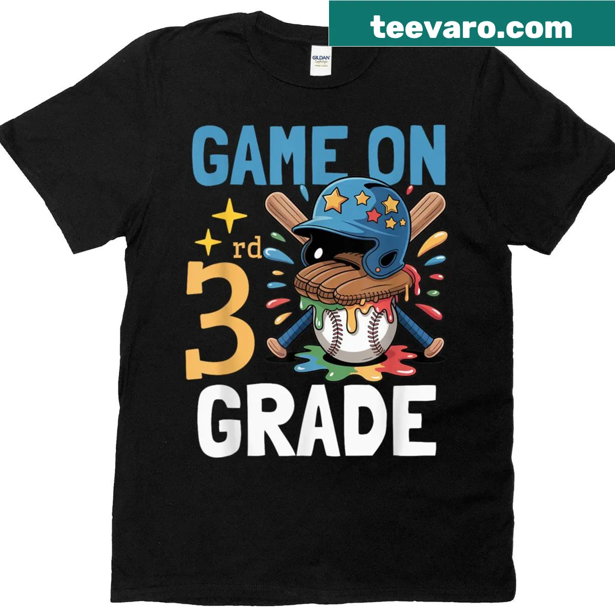 T-shirt with a baseball graphic and the text Game On for third-grade boys — on a men's t-shirt