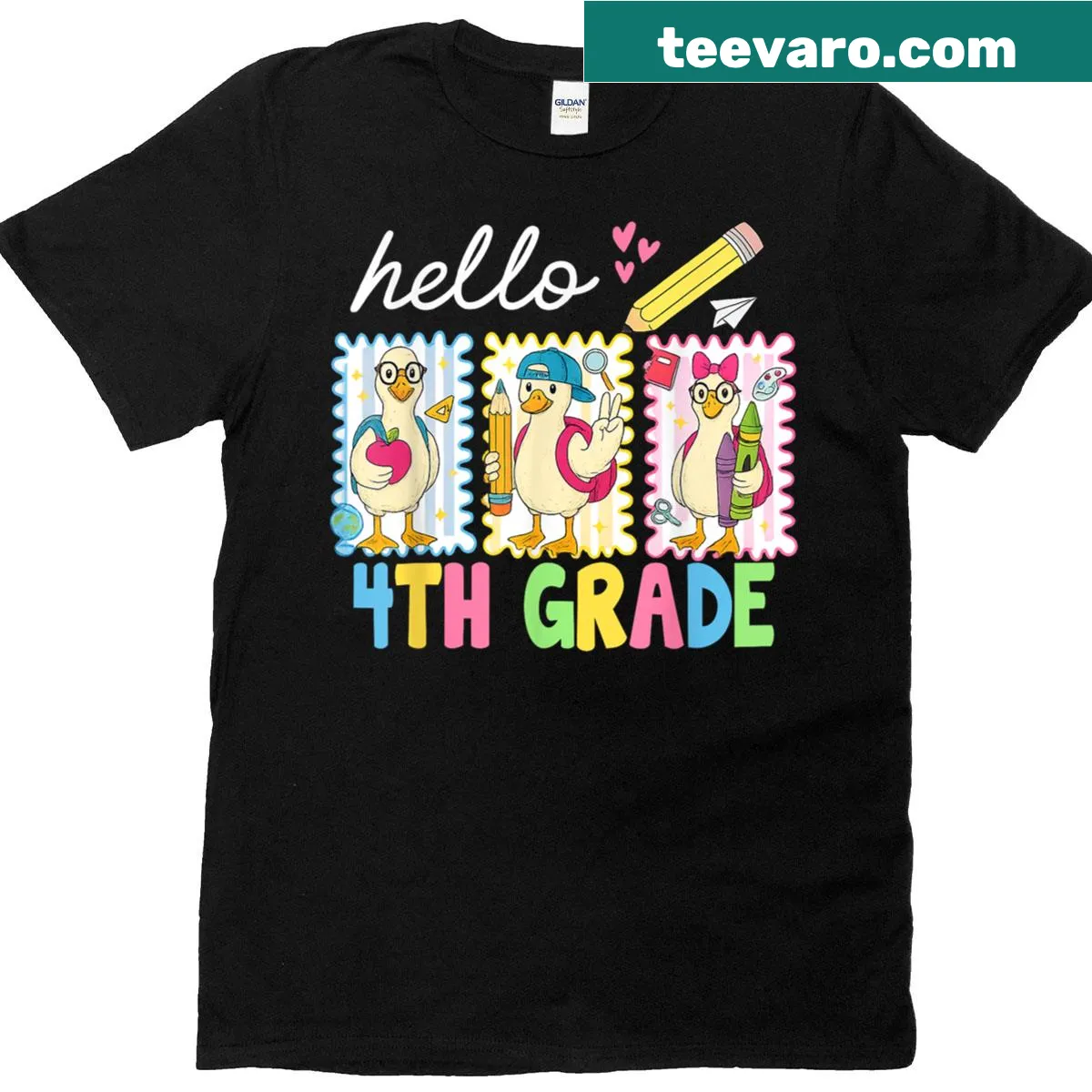 Cartoon goose T-shirt with 'Hello' text for fourth graders — on a men's t-shirt