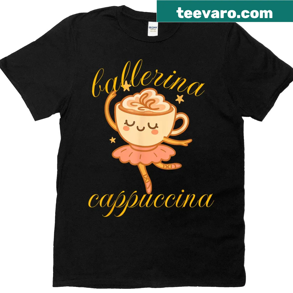 Funny T-shirt with a cartoon ballerina and cappuccino graphic — on a men's t-shirt