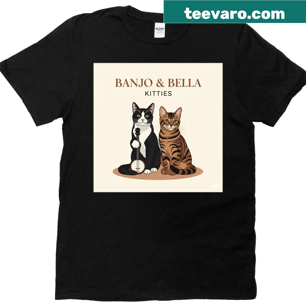 Cute t-shirt with illustrated kitties and a banjo — on a men's t-shirt