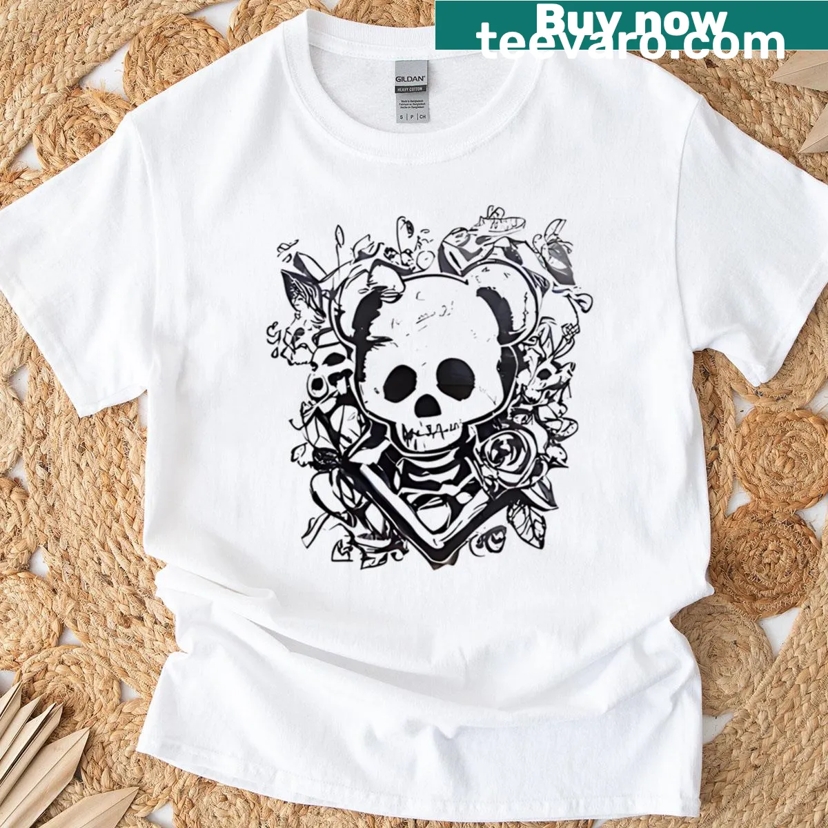 Bear skull design intertwined with dark floral elements. — on a men's t-shirt