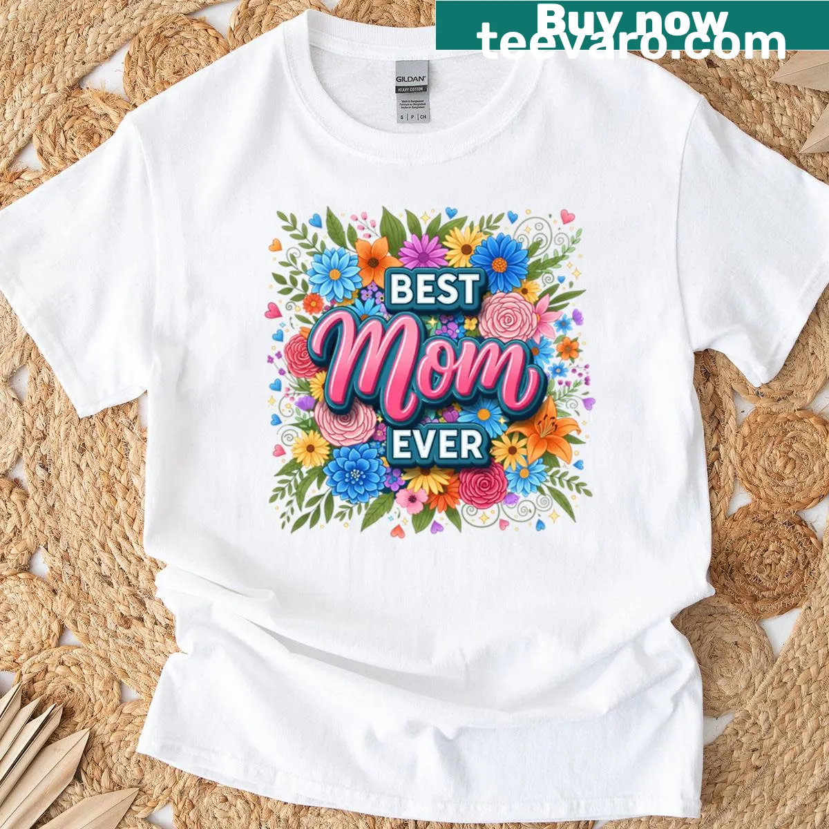 Floral typography t-shirt proclaiming 'Best Mom Ever' in bold letters — on a men's t-shirt