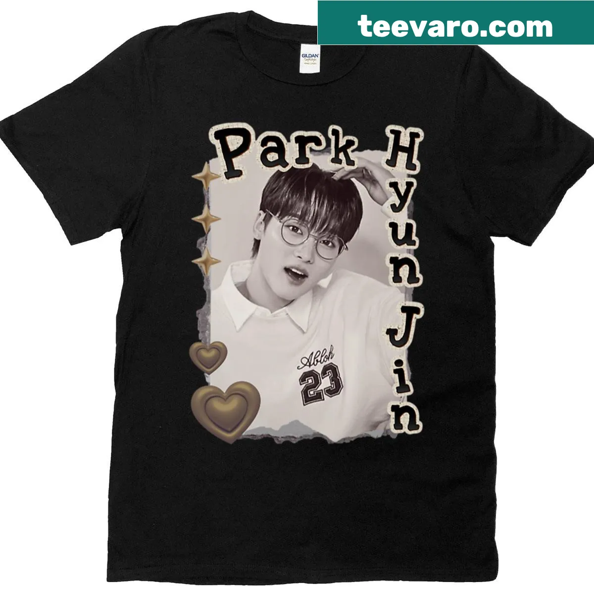 Retro collage design featuring Park Hyun Jin from a Kpop group — on a men's t-shirt