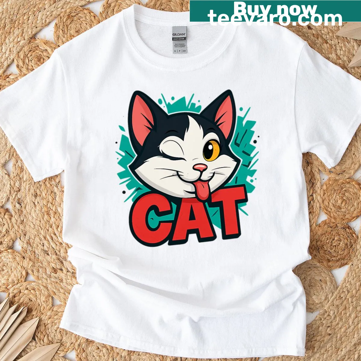 Black and white cat with red graffiti design on t-shirt — on a men's t-shirt