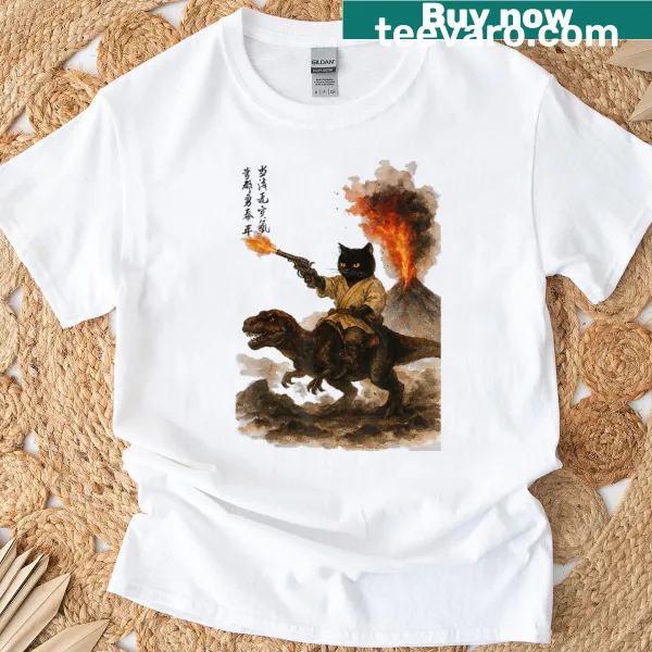 Black cat samurai riding a dinosaur in a volcanic eruption illustration
