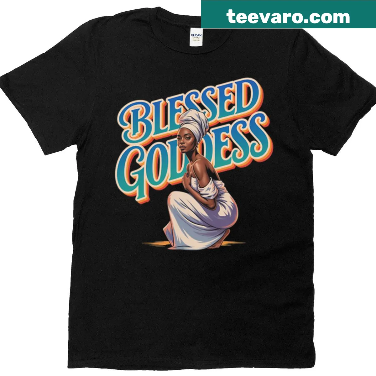 Abstract design T-shirt promoting empowerment and self-love with the text 'Blessed Goddess.' — on a men's t-shirt