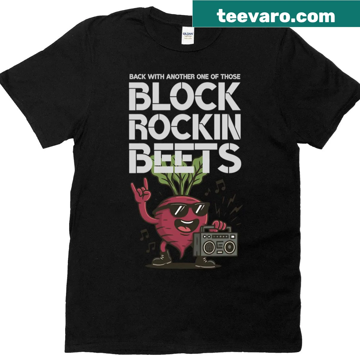 Block Rockin Beets T-shirt with humorous graphic design — on a men's t-shirt