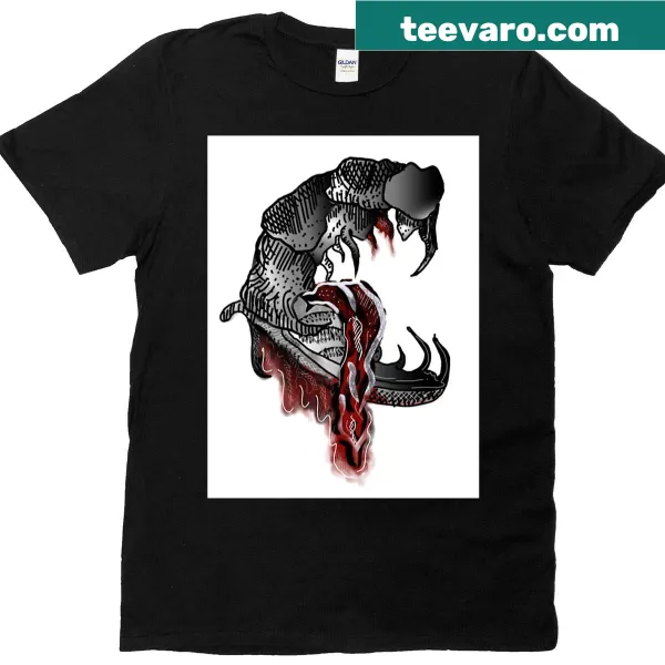 Illustration of a serpent with bloody fangs on a t-shirt