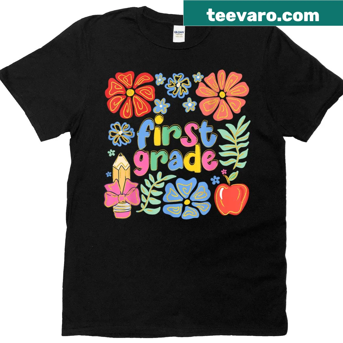 Retro floral graphic t-shirt for first grade teachers — on a men's t-shirt