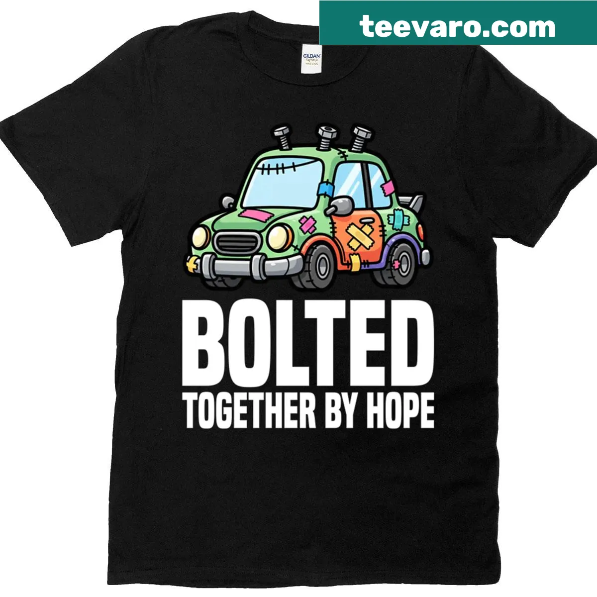 Typography of 'Bolted Together By Hope' on a t-shirt — on a men's t-shirt