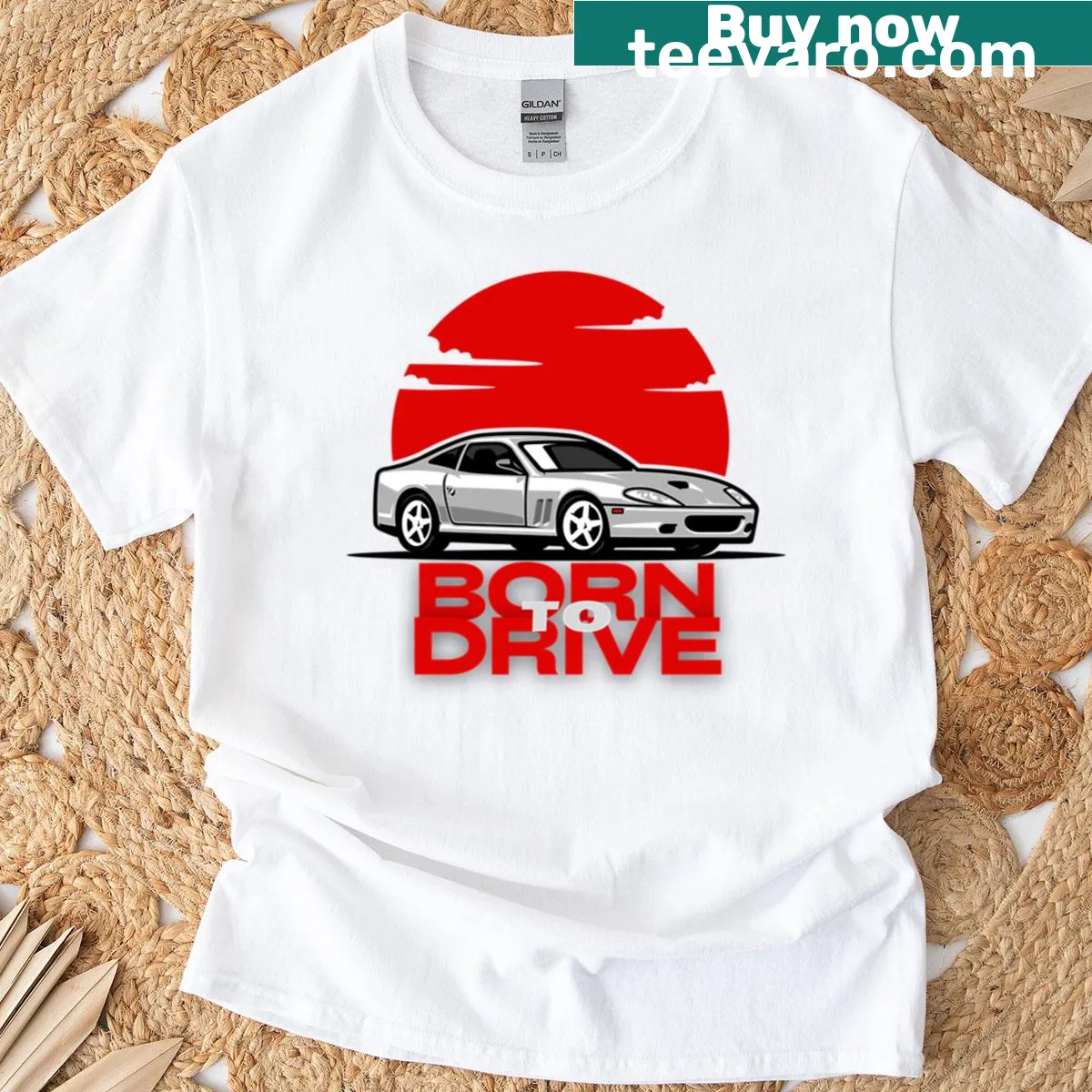 T-shirt with bold 'Born To Drive' lettering — on a men's t-shirt