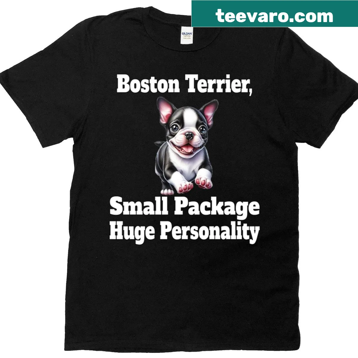 T-shirt featuring a Boston Terrier with a fun message about personality — on a men's t-shirt