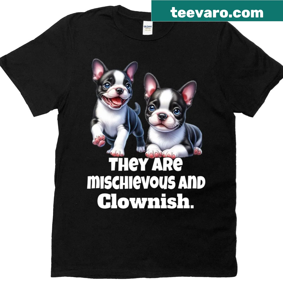 Playful Boston Terrier illustration with humorous text — on a men's t-shirt