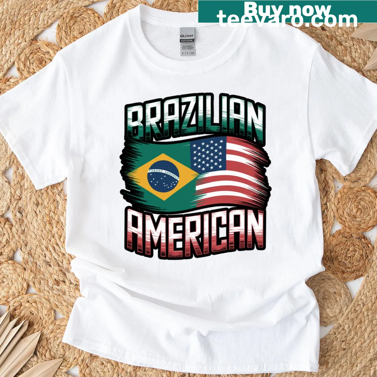 T-shirt celebrating Brazilian and American cultural fusion — on a men's t-shirt