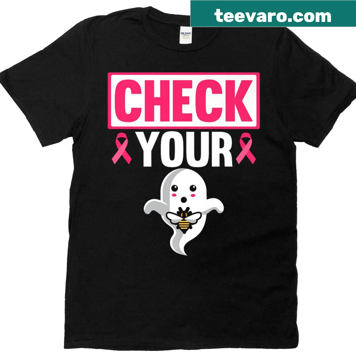Halloween-themed shirt promoting breast cancer awareness with pumpkins — on a men's t-shirt
