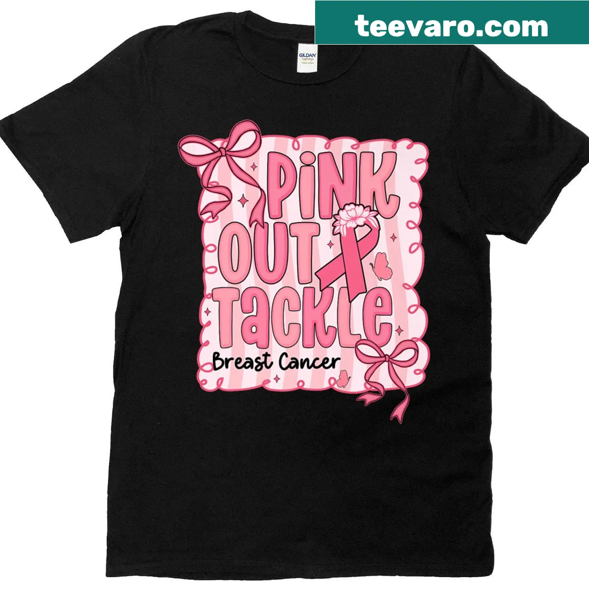 Playful pink ribbon illustration on awareness shirt — on a men's t-shirt