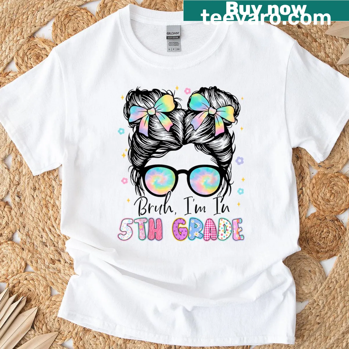 T-shirt with text 'Bruh, I'm in 5th Grade' and messy bun graphic — on a men's t-shirt