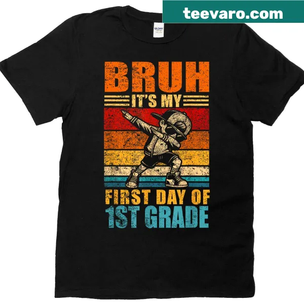 First day of school shirt for boys with cheerful text celebrating 1st grade.