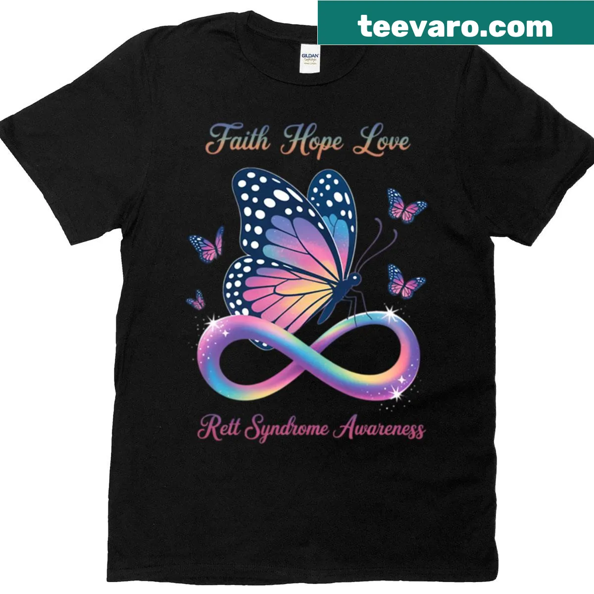 Butterfly-themed shirt promoting faith, hope, and Rett Syndrome awareness — on a men's t-shirt