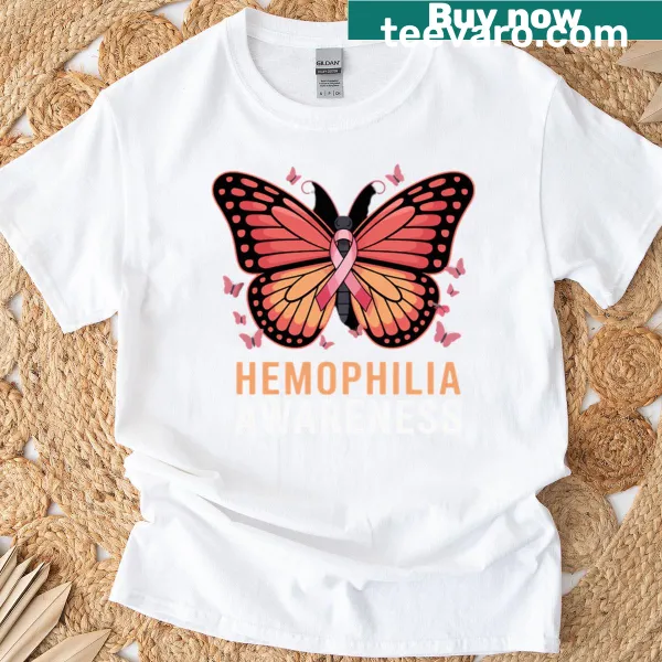 Butterfly illustration with a red ribbon for hemophilia awareness.